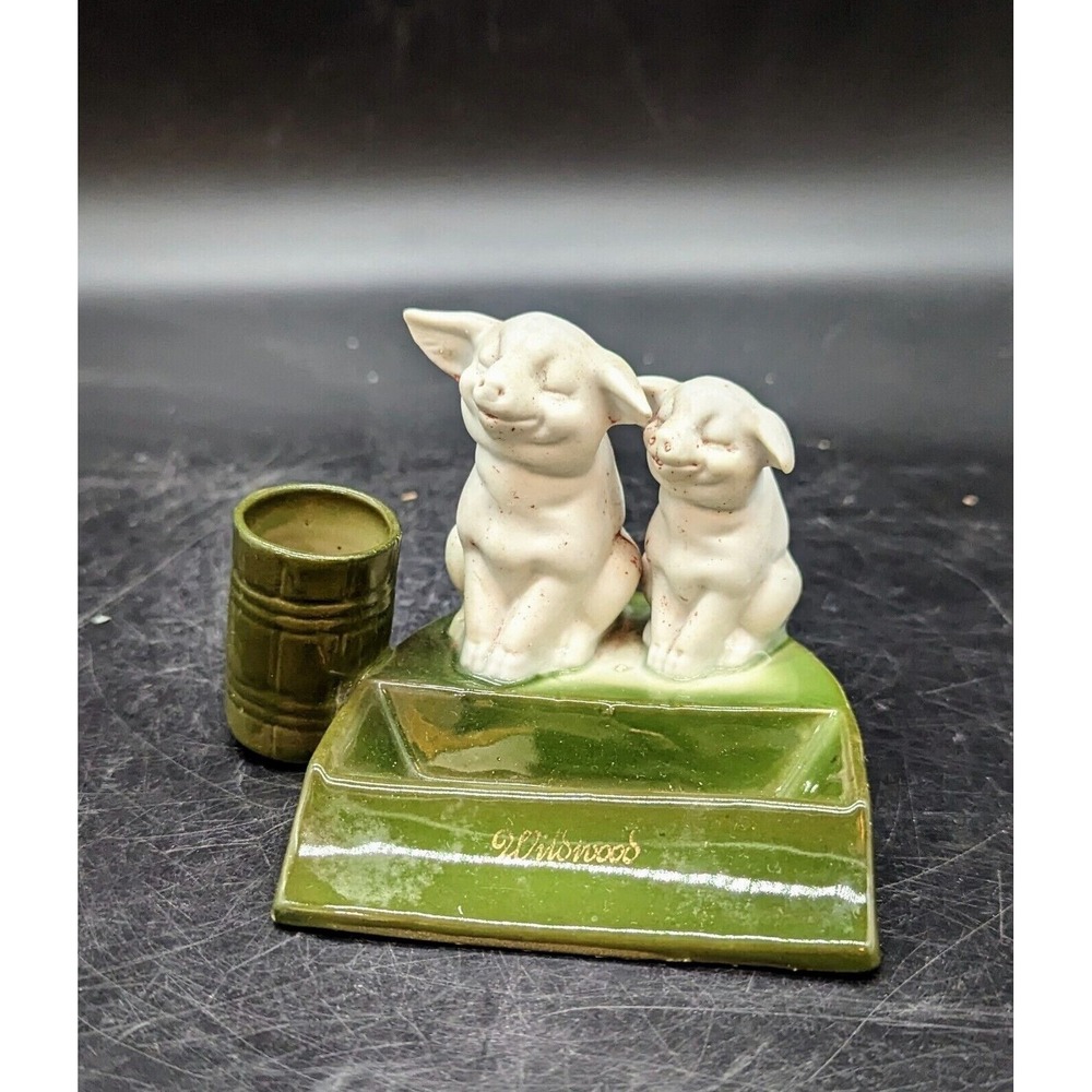 Antique German Fairing Pig Matchstick Holder Ashtray 4" Pink Green